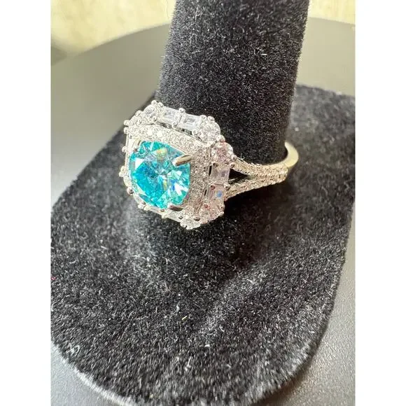 Stunning 2ct Aquamarine & White Moissanite Sterling Ring - Picture 9 of 9